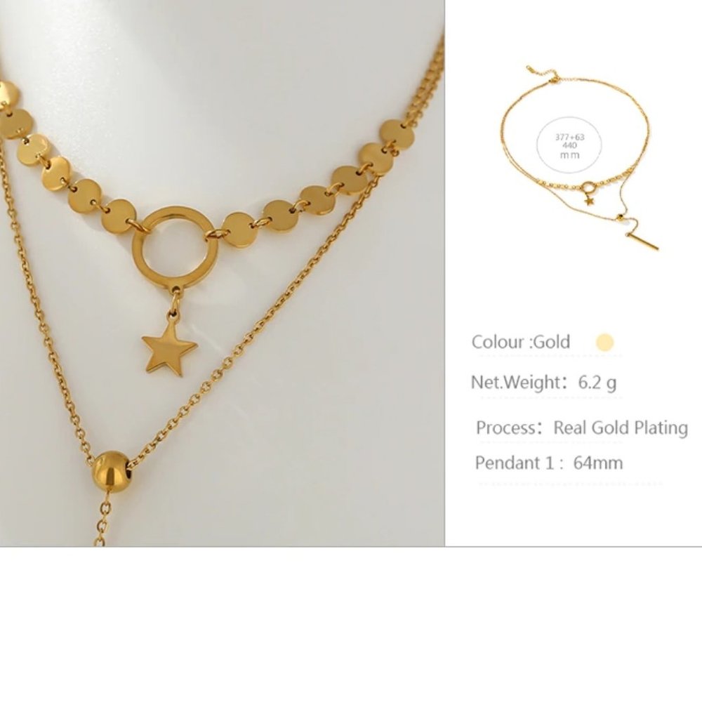 New 18K Gold Plated Circle Bar Coin Star Double Layer Necklace - Picture 6 of 6